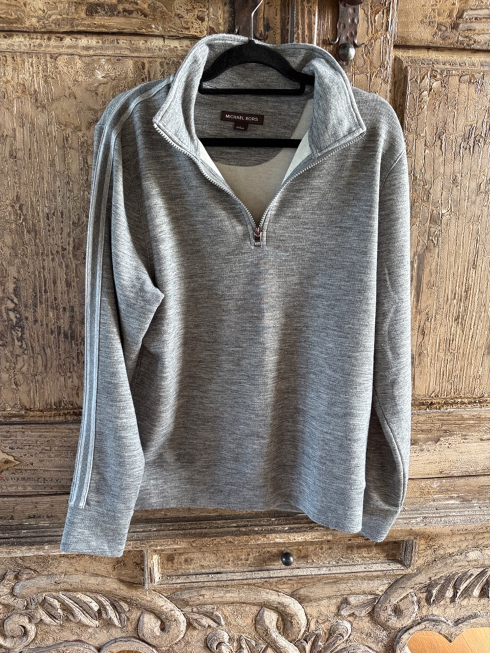 Michael Kors Men's Gray Quarter-Zip Pullover with Sleeve Stripes